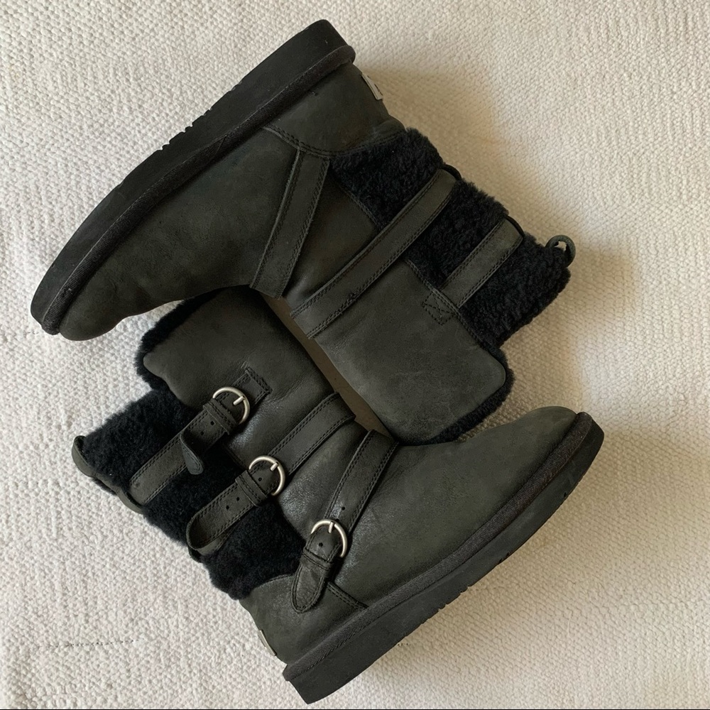 UGG Women's Black Grey Shearling Buckle Winter Boots